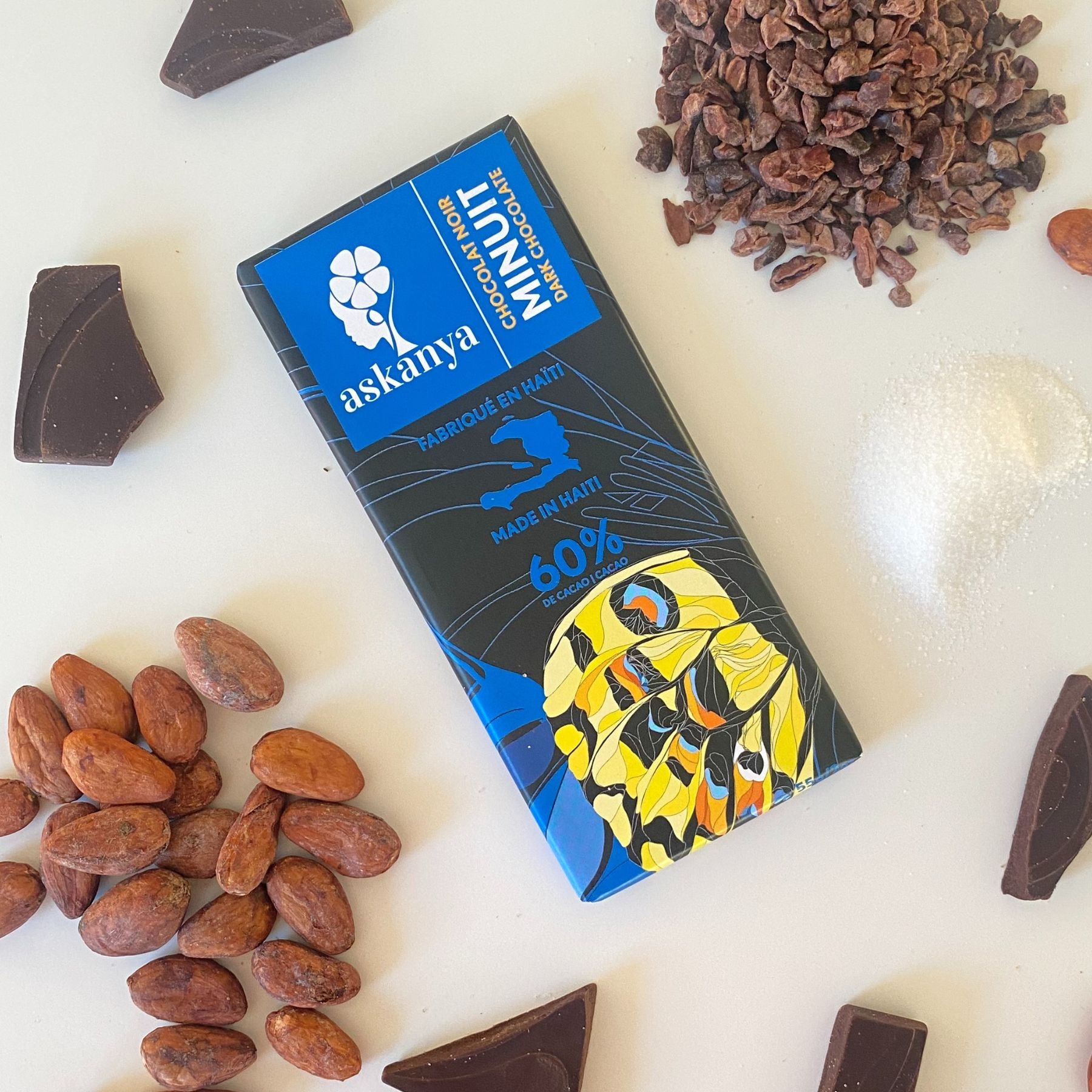 Askanya Chocolate Haiti Single Origin-Made 60% Cacao Content Two Ingredients Dark Chocolate made with Rapadou Artisanal Cane Sugar
