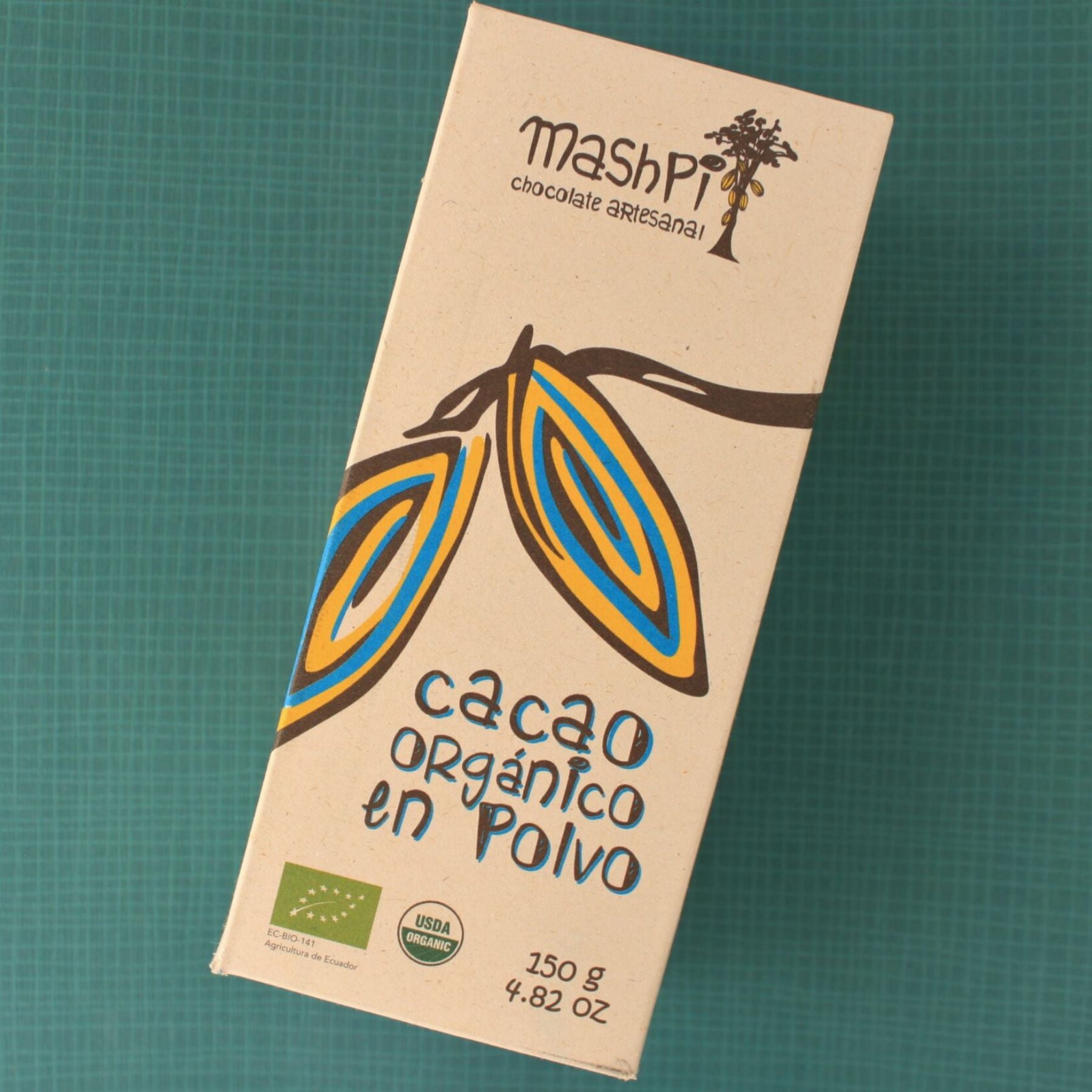 Mashpi Chocolate Artesenal box of organic single origin-made cacao powder on a teal cross-striped background.