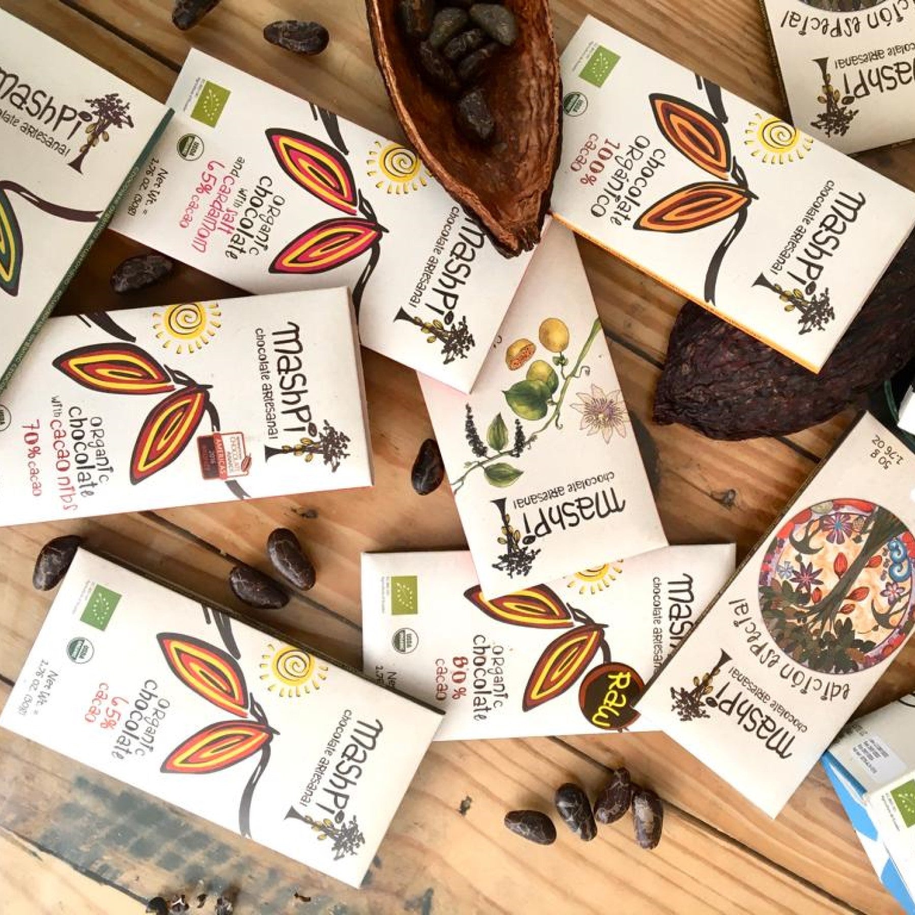 Mashpi Artesenal Chocolate Bars Line Single Origin-Made in Ecuador - including cardamom, cacao nibs; 65%, 80%, and 100% cacao content